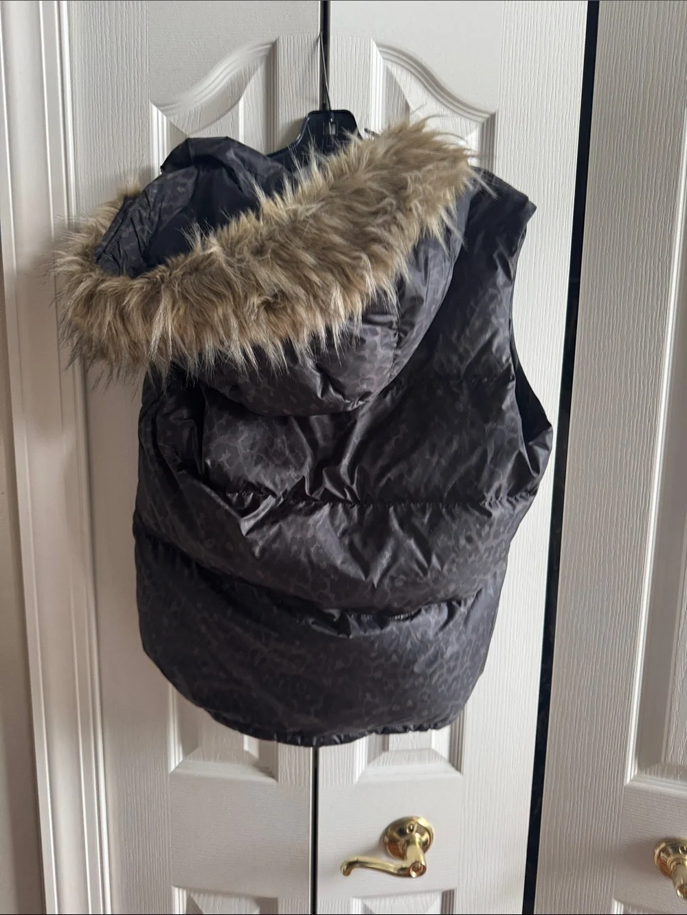 Coach Black Quilted Hooded Vest with Subtle Leopard Print